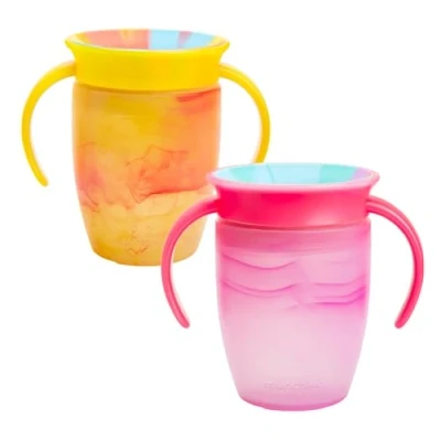 Image of Munchkin Miracle 360 6+ Month 7oz Baby Sippy Cups (2 Pack). Trainer Cup, Spill Free, Dishwasher Safe Water Bottle with Easy Grip Handles. (Pink/Yellow)