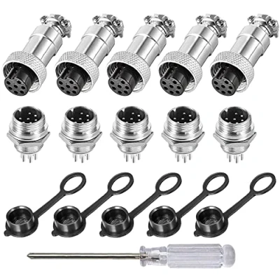Image of Aiqeer 5 Pcs 7 Pin GX12 Aviation Connector, 12 mm Thread Panel Metal Cable 5A Male Female Connector Plug Socket Kit, with Rubber Cap and Phillips Screwdriver