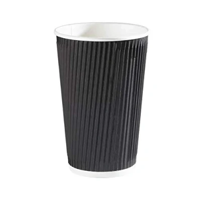 Image of 25 X 16oz Disposable Black Paper Cups, Triple Walled Ripple Cups for Coffee, Tea and Other Drinks Hot Cold Tableware