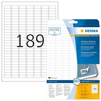 Image of HERMA Self Adhesive Removable Labels, 189 Labels per A4 Sheet, 25 Sheets, 25.4 x 10 mm, 4725 Blank Multipurpose Stickers, Sticky for Laser &amp; Inkjet Printer, White
