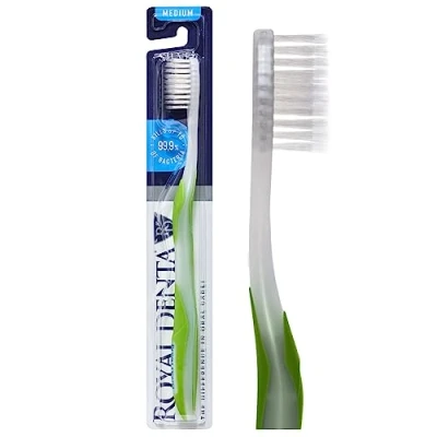 Image of Royal Denta Manual Medium Toothbrush for Adults, Flossing with Silver Particles to Prevent Bacteria, Green