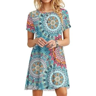 Image of MOLERANI Summer Dresses for Women UK Casual T Shirt Dress Short Sleeve Ladies Beach (XL, Print Green)
