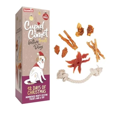 Image of 12 Days Of Festive Tasty Meaty Dog Treats &amp; A Rope Toy Christmas Selection Box By Cupid Comet