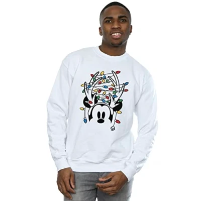 Image of Disney Men&#039;s Mickey Mouse Christmas Head Lights Sweatshirt White Large