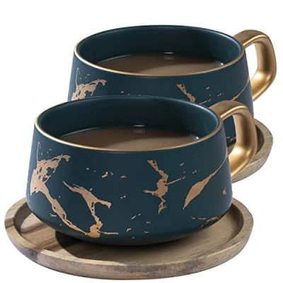 Image of VETIN Pack of 2 Cappuccino Cups with Saucer, Marble Cup, 300 ml Porcelain Espresso for Tea, Coffee, Cappuccino, Coffee Wooden Disc (Green x 2)