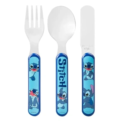 Image of Stitch 3 Piece Cutlery Set Metal, Reusable Children&#039;s Knife, Fork &amp; Spoon, Kids Size, Made from Food Safe Stainless Steel ABS Plastic for 12 Months Up