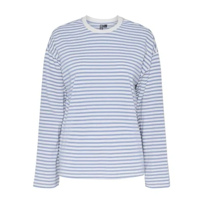 Image of PIECES Women&#039;s Pcsadie Ls Top Noos Longsleeve T Shirt, Cloud Dancer/Stripes: Hydrangea, S