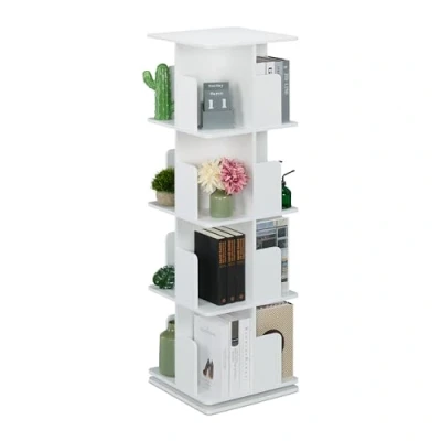 Image of Rotating Bookcase, 360 Degree Swivel, 4 Tier Bookshelf, hwd: 125.5 x 39 cm, Living Room Storage, White Relaxdays