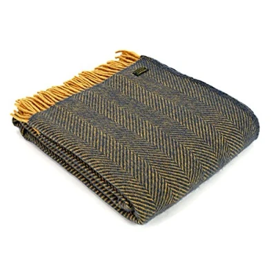 Image of Tweedmill Textiles Herringbone pure new wool blanket throw rug Navy/Mustard BRITISH MADE