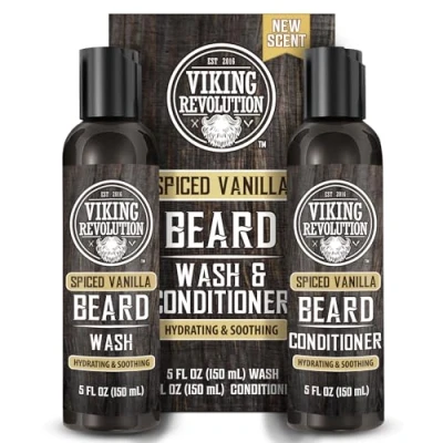 Image of Viking Revolution Beard Shampoo And Conditioner Natural Wash &amp; With Argan Jojoba Oils Softens Strengthens Gifts For Men Spiced Vanilla 2 x 150 ml