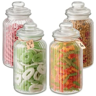 Image of Praknu Sweet Candy Jars Large 1.2L Airtight 4 Vintage Glass with Lids and Labels &amp; Jute Cord Durable Dishwasher Safe For Sweets Biscuits