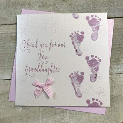 Image of WHITE COTTON CARDS Thank you for Our New Granddaughter handmade Baby card Pink Footprints WB225 OGD,16cm x 16cm