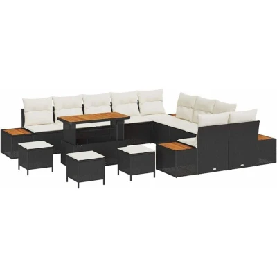 Image of vidaXL 14 Piece Garden Sofa Set with Cushions Black Poly Rattan Acacia