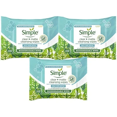 Image of 3 Pack of Simple Daily Skin Detox Clear + Matte Cleansing 20 Wipes For Oily, Blemish Prone Deeply Cleanses, Remove Make up, and Mattifies, No artificial perfume or color