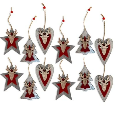 Image of by Robelli Shabby Chic Wooden Christmas Tree Hanging Pendant Baubles Decorations (12 x Red/Grey 3D Decorations)