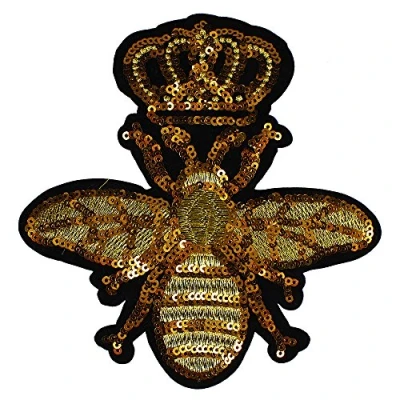 Image of 2pieces Gold Sequins Crown Bee Fabric Patches Badge Embossed Motif Applique Iron on Clothes Decorated DIY Sewing Supplies
