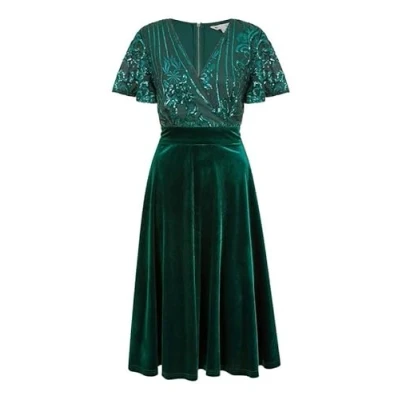 Image of Yumi Green Embellished Velvet Wrap Skater Midi Dress 16