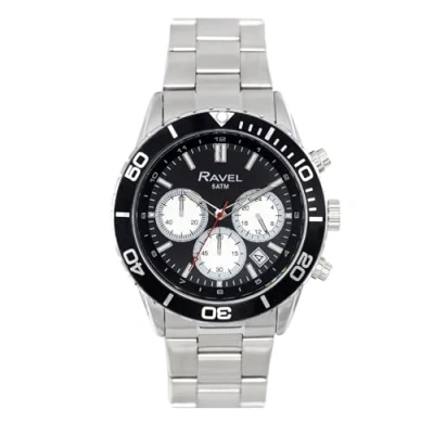 Image of Ravel Plus Men&#039;s 42mm Silver Tone Chronograph Sports Watch with Uni Directional Rotating Bezel 5ATM Japanese Analogue Quartz RP.CHR 005MB Stainless Steel/Black