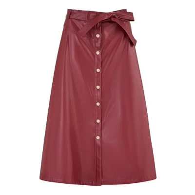Image of Yumi Burgundy Faux Leather A Line Midi Skirt with Button Up Details 16