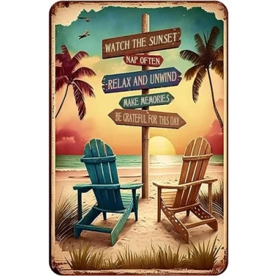Image of Sunset Beach Metal Tin Sign Watch The Sunsrt Funny Poster Cafe Restaurant Living Room Kitchen Bathroom Home Art Wall Decoration Plaque Gift
