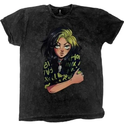 Image of Billie Eilish T Shirt Anime Logo Official Unisex Dip Dye Mineral Wash S Black