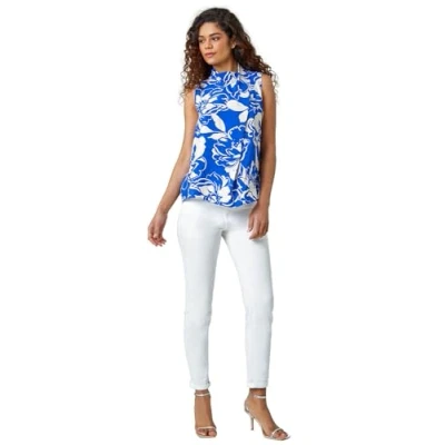 Image of Roman Originals Floral High Neck Wrap Vest Top for Women UK Ladies Everyday Autumn Winter Neckline Comfy Soft Evening Vacation Work Party Night Out Blue Size 20