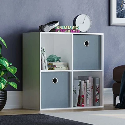 Image of Vida Designs Durham Cube Bookcase Storage Organiser Living Room Bookshelf Home Office Furniture (4 &amp; 2 Grey Baskets, White)