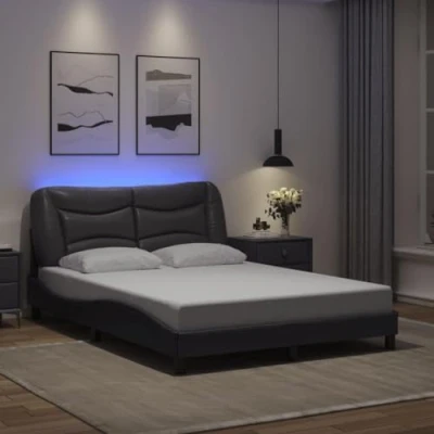 Image of vidaXL Bed Frame with LED Lights Grey Faux Leather Double 140x200 cm Plywood Slats and Headboard Cushion