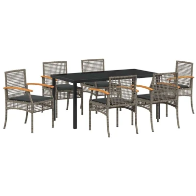 Image of vidaXL 7 Piece Garden Dining Set with Cushions Grey Poly Rattan