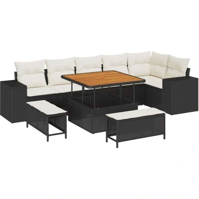 Image of vidaXL 9 Piece Garden Sofa Set with Cushions Black Poly Rattan Acacia