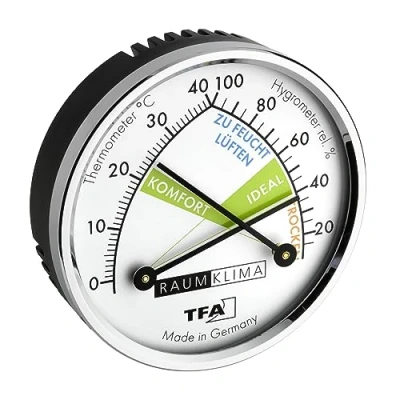 Image of TFA Dostmann Thermo Analogue Thermometer Hygrometer with Metal Ring, Humidity Meter, Multicoloured, L 71 x W 23 H mm,45.2024