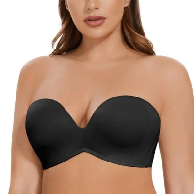 Image of MELENECA Women&#039;s Wirefree Plus Size Anti Slip Padded Push Up Strapless Bra Black 32E