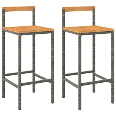 Image of vidaXL Bar Stools 2 Pcs Adjustable and High Durable Grey Poly Rattan Solid Acacia Wood with Weather Resistence for Living Room, Garden Terrace