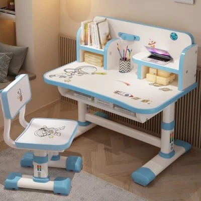 Image of Tuelaly Kids Study Desk and Chair Set,Height Adjustable Children&#039;s Desks with Spacious Storage Drawer,Golden Distance Preventing Myopia Design for School Home (Blue 2)