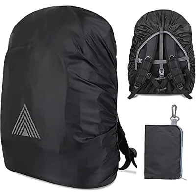 Image of Waterproof Backpack Rain Cover (15 75L), Reflective Rucksack Cover, Adjustable Foldable Rainproof Dustproof Protector for Hiking, Camping, Cycling (L: 55 65L),Black