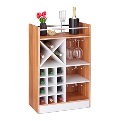 Image of Relaxdays Wine Rack with Glass Holder for 22 Bottles, Freestanding, Prosecco, Home Bar HxWxD: 96 x 63 35 cm, Brown