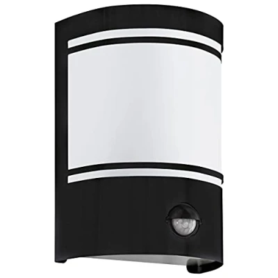 Image of EGLO Outdoor Wall Light Cerno with Motion and Twilight Sensor, Porch Lighting, Waterproof Outside Lamp Made of Black Galvanized Steel White Satinised Glass, E27 Socket, IP44