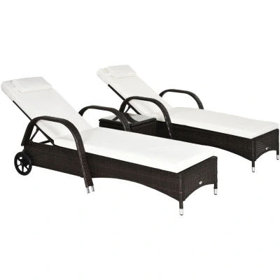 Image of Outsunny 3 Piece Rattan Sun Lounger Wicker Sofa Day Bed Recliner Furniture Garden Patio Brown