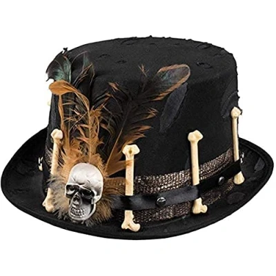 Image of Boland Voodoo Nawu Hat Black with Bone and Feather Decorations, Perfect for Halloween, Cosplay, Themed Parties