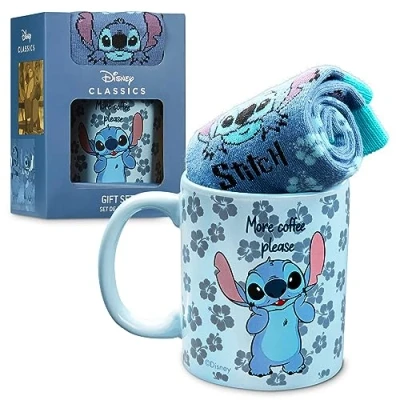 Image of Disney Mug and Socks Gift Set for Women, Calf Ceramic Womens Gifts (Blue Stitch)