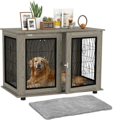 Image of PawHut Dog Crate Furniture, End Table with Large Top, Indoor Pet Soft Washable Cushion, Lockable Front Door, Wire Mesh Ventilation, for Extra Dogs, Grey Wood Effect, 118 x 75 82cm