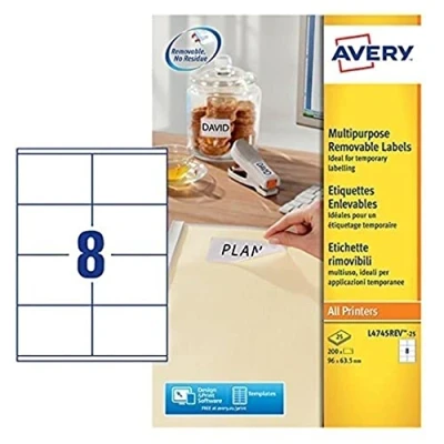 Image of Avery White Printable, Customisable Removable Labels, 8 Labels Per A4 Sheet, 96x63.5 mm