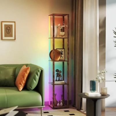 Image of Rgb led Floor Lamp with Shelves and Remote Control, Rustic Brown Homcom