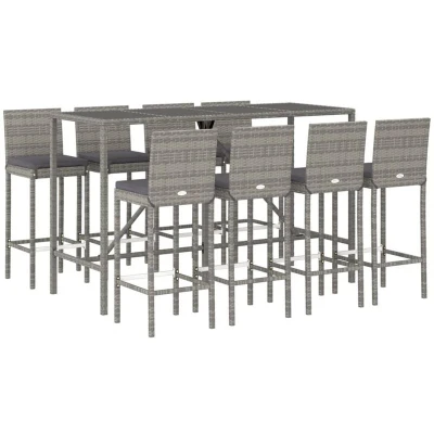 Image of vidaXL 9 Piece Garden Bar Set with Cushions Grey Poly Rattan