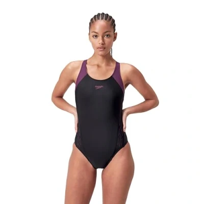 Image of Speedo Womens Hyperboom Splice Racerback Swimsuit, Women&#039;s, Size: 40, Black/plum dandy