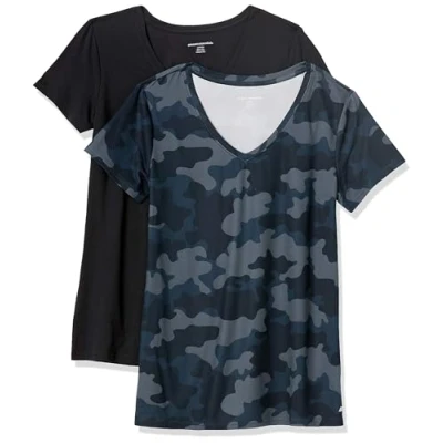 Image of Amazon Essentials Women&#039;s Tech Stretch Short Sleeved V Neck T Shirt (Available in Plus Size), Pack of 2, Black/Navy Camo, L