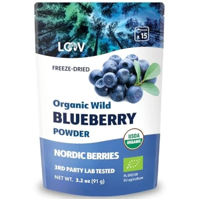 Image of LOOV Wild Blueberry Powder Organic, Crafted from Nordic Forests, 100% Whole Fruit Bilberry, 15 Day Supply, 91 g, Freeze Dried and Powdered Blueberries, No Added Sugar