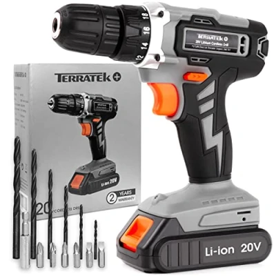 Image of Terratek Cordless Drill Driver 20V Li Ion 1HR Fast Charge Battery, 13Pc Electric Screwdriver Set, LED Work Light, Quick Change Power Battery and Charger Included