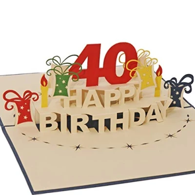 Image of Favour Pop Up Greeting Card for the milestone 40th Birthday, a delicate work of art that unfolds when you open designed blue envelope. TA40B