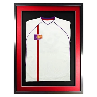 Image of Vivarti DIY Adult 3D Mounted Sports Shirt Display Frame for Football Shirt, Rugby Band T Shadow Box 60 x 80cm Black Frame, Red Mount, Backing Card